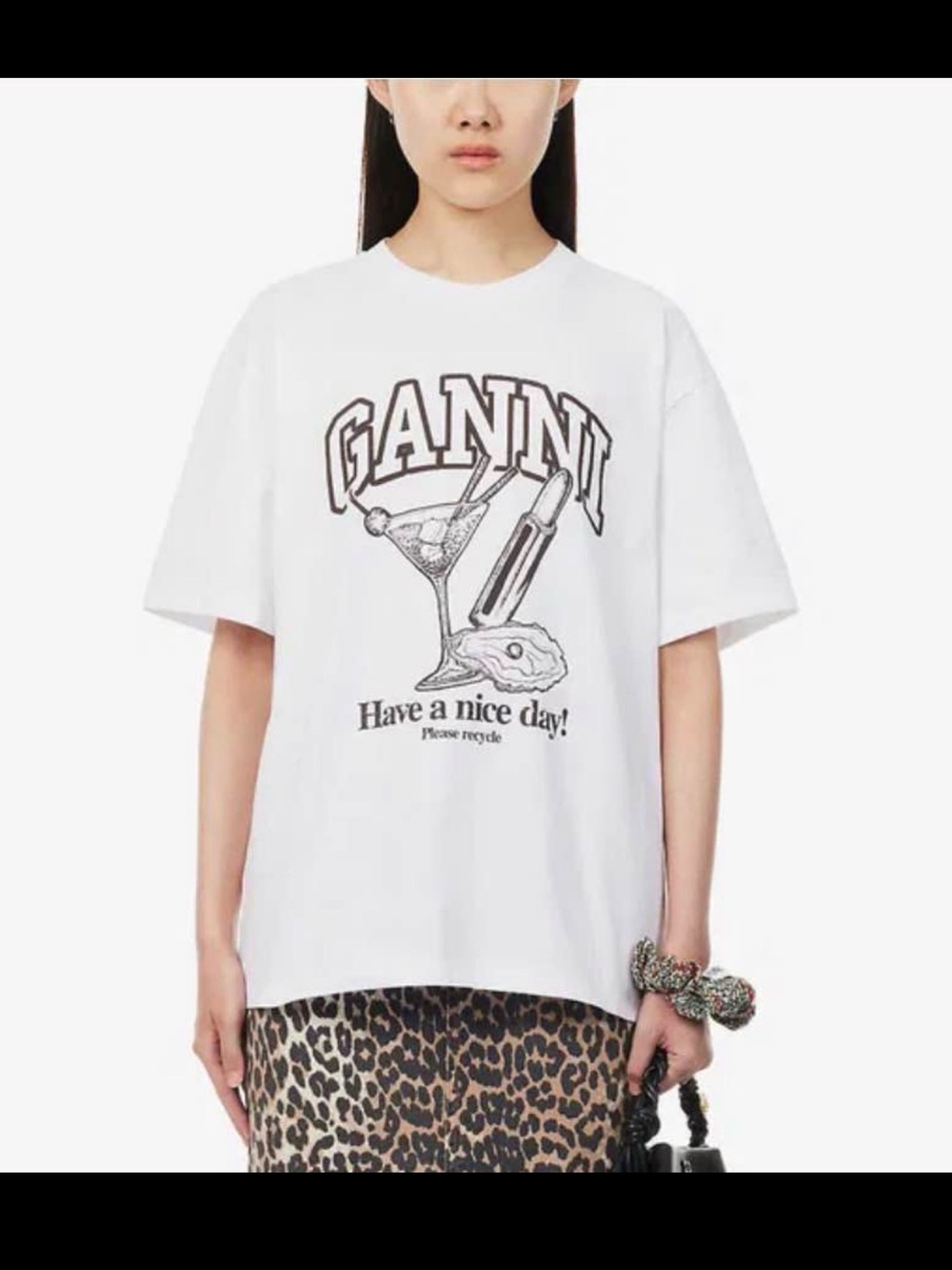 Ganni White Graphic Dog Tee with Black Print